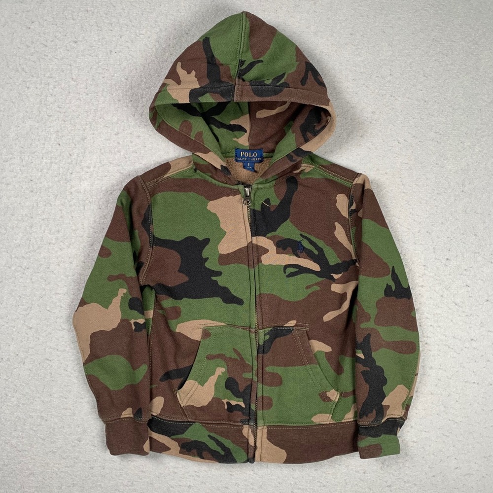 Polo Ralph Lauren Hoodie Kids Size 5 Green Camouflage Fleece Full Zip Pony Logo